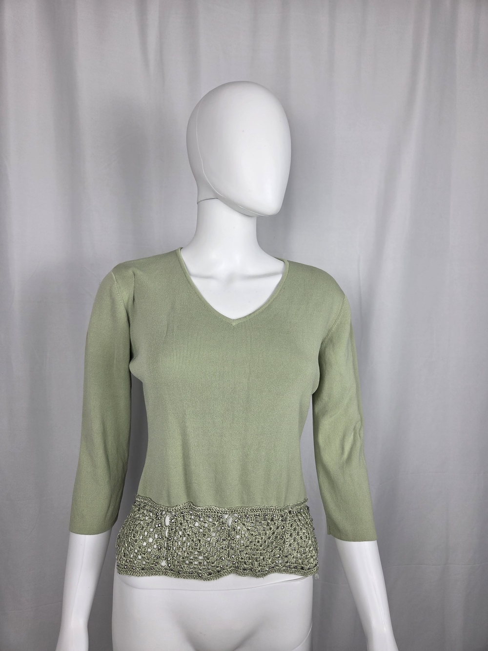 Light Green V-Neck Knit Top with Crochet Hem